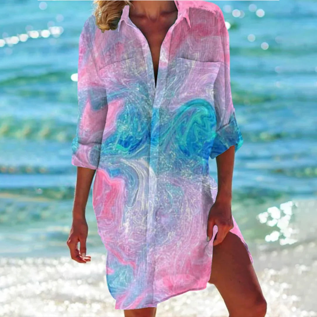 Coralie | Vestito Camicia Donna con Stampa Tropicale Manica 3/4 Copricostume da Spiaggia