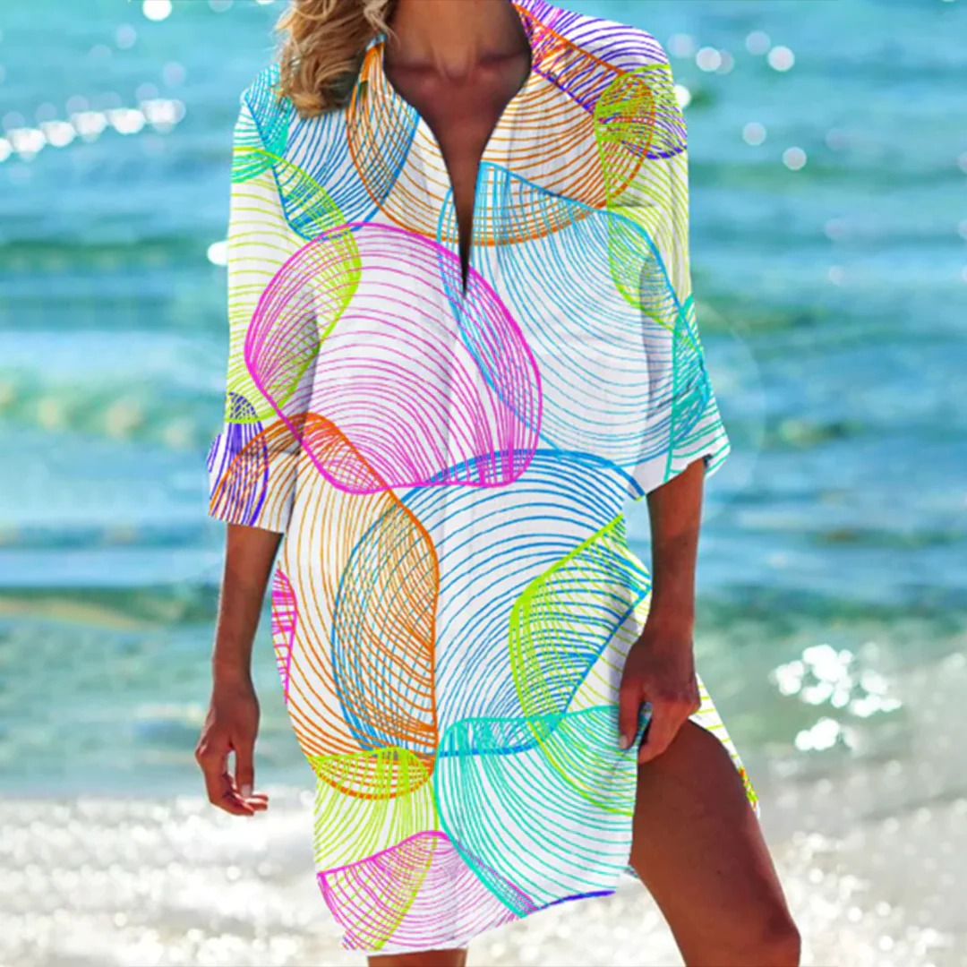 Coralie | Vestito Camicia Donna con Stampa Tropicale Manica 3/4 Copricostume da Spiaggia
