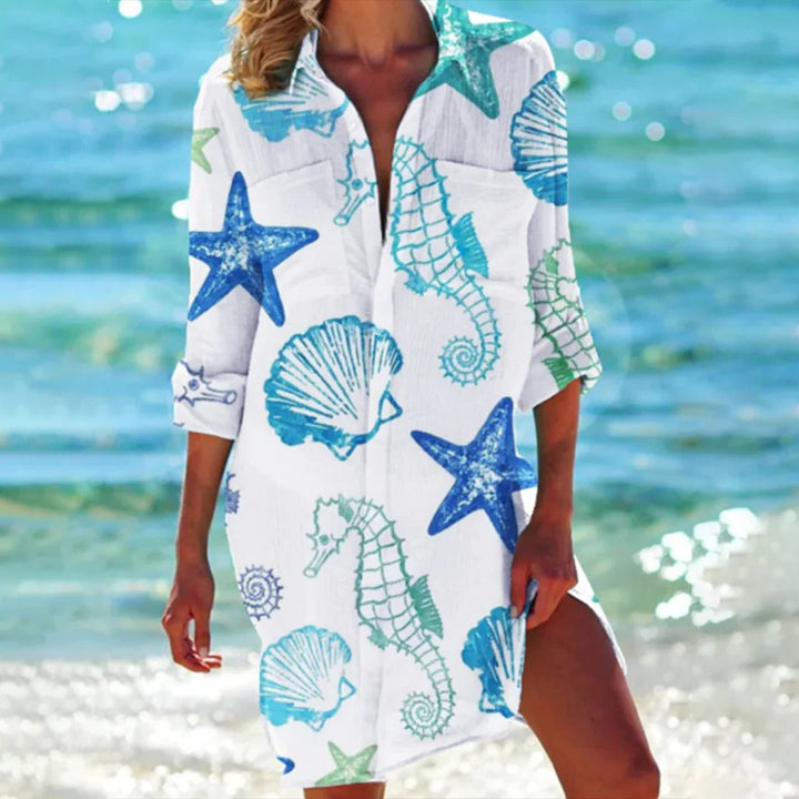 Coralie | Vestito Camicia Donna con Stampa Tropicale Manica 3/4 Copricostume da Spiaggia