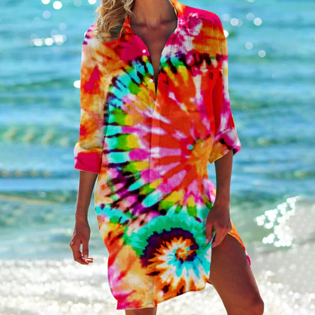 Coralie | Vestito Camicia Donna con Stampa Tropicale Manica 3/4 Copricostume da Spiaggia
