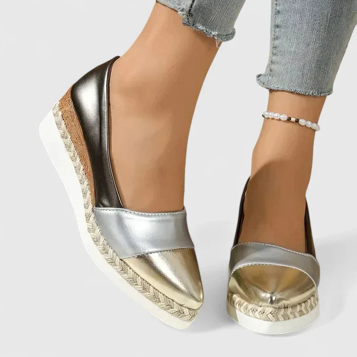 Luna | Dámské metalické espadrilky na klínku s platformou a nazouvací designem