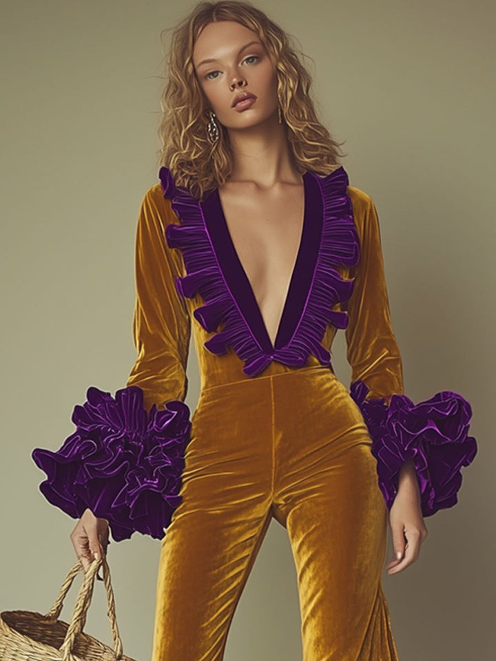 Mono de terciopelo dorado con volantes morados, manga larga acampanada para fiesta de moda