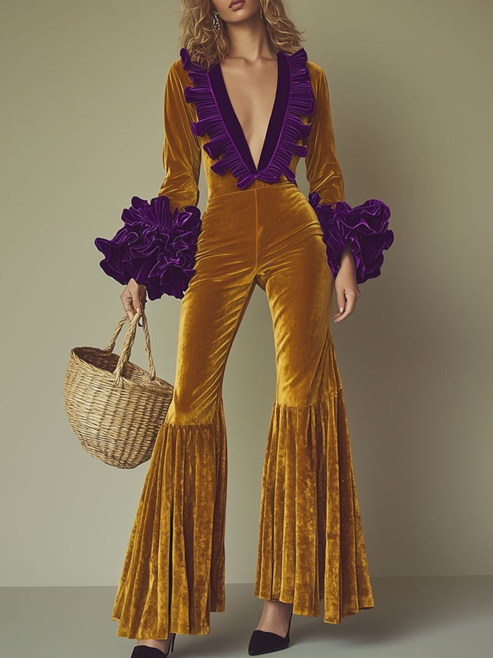 Mono de terciopelo dorado con volantes morados, manga larga acampanada para fiesta de moda