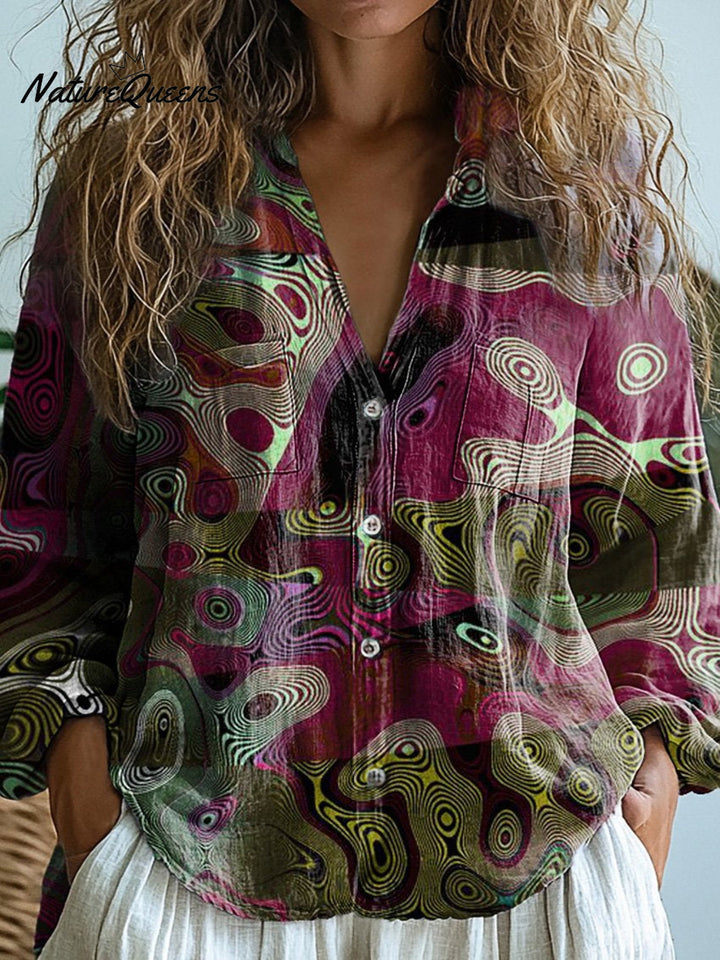 Camisa Casual Feminina de Algodão Confortável com Estampa Abstrata de Formas e Linhas, Manga Longa