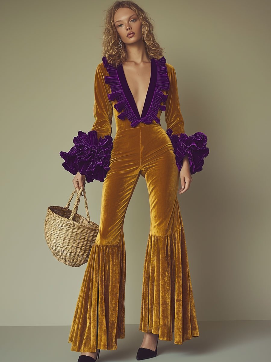Mono de terciopelo dorado con volantes morados, manga larga acampanada para fiesta de moda