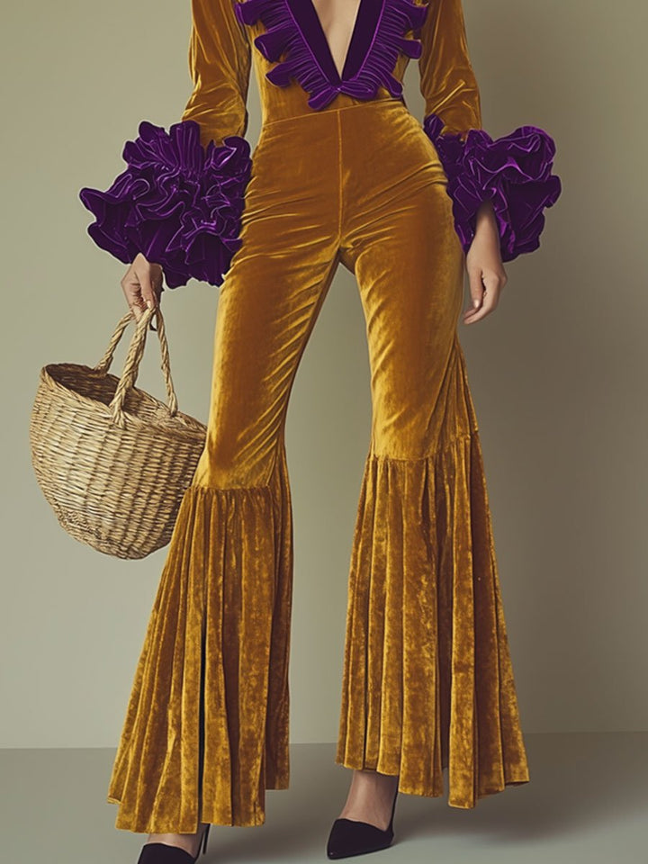 Mono de terciopelo dorado con volantes morados, manga larga acampanada para fiesta de moda