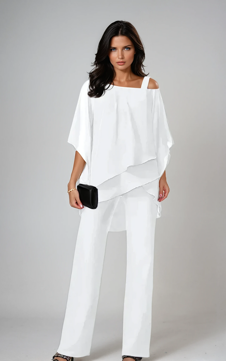 Wide Leg Pants Set with Asymmetrical Top - Two Piece Outfit