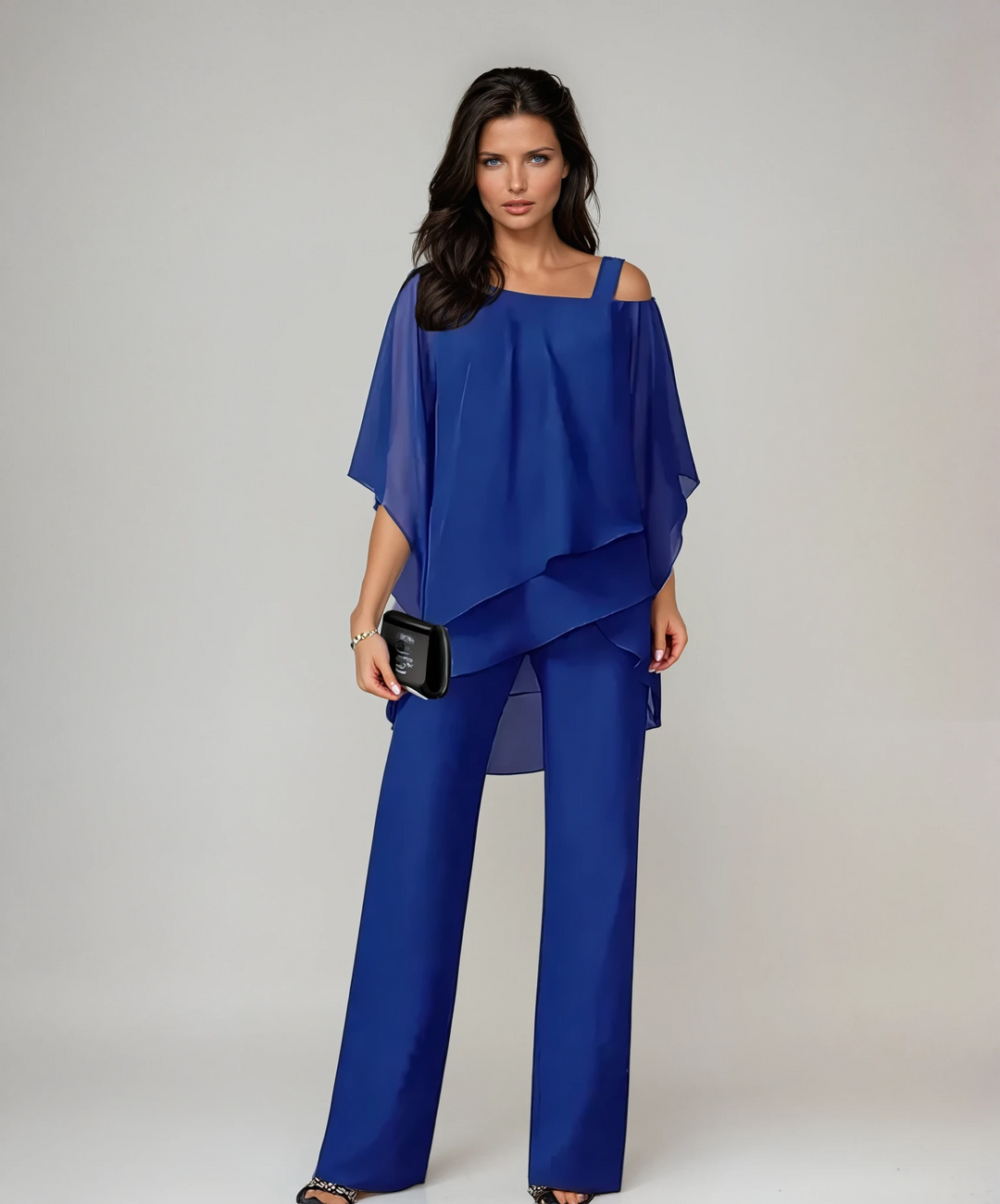 Wide Leg Pants Set with Asymmetrical Top - Two Piece Outfit