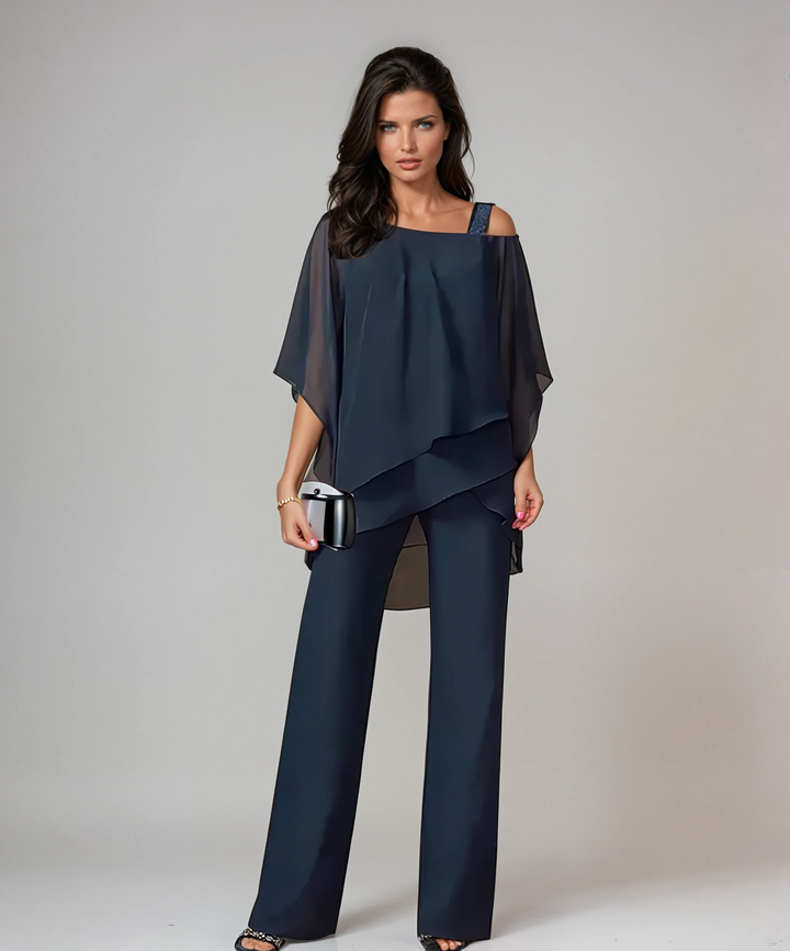 Wide Leg Pants Set with Asymmetrical Top - Two Piece Outfit