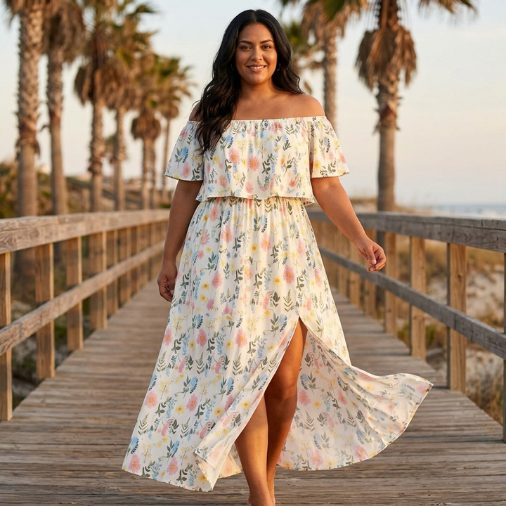 Vestido largo con hombros descubiertos y bolsillos - Estampado floral para mujer