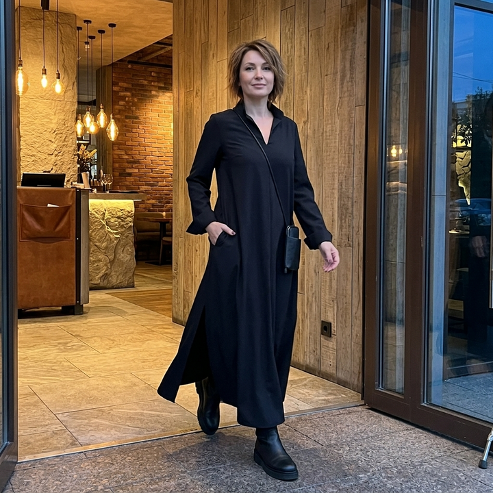 Maxi Dress with Side Slits and Lapel Collar for Women