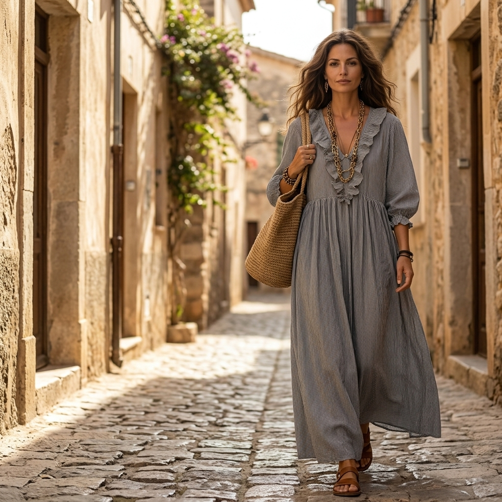 Serenae™ – Flowy Ruffled Striped Maxi Dress