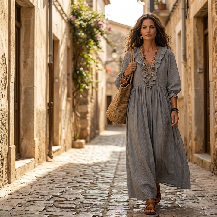 Serenae™ – Flowy Ruffled Striped Maxi Dress