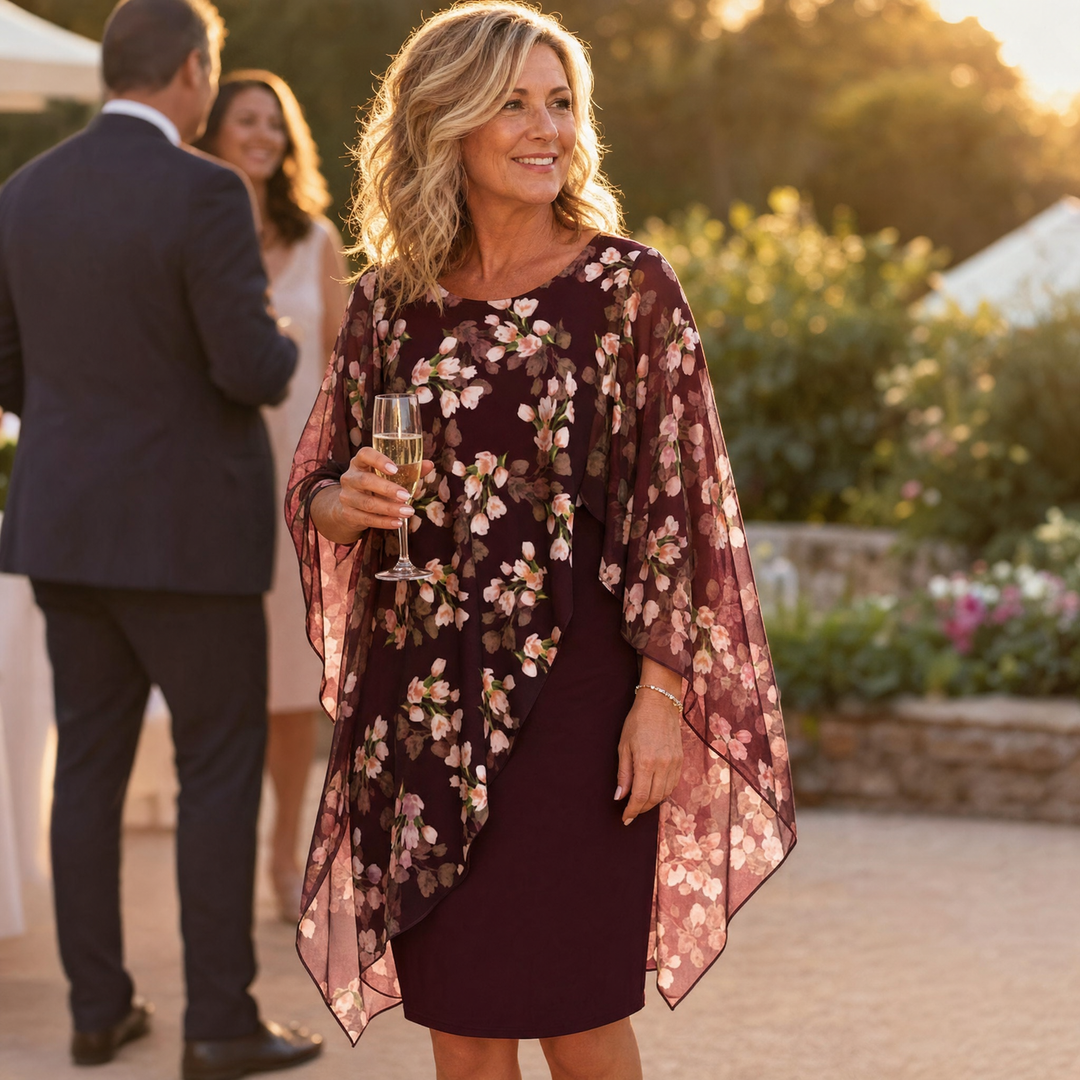Floral Chiffon Cape Overlay Dress for Wedding Guest