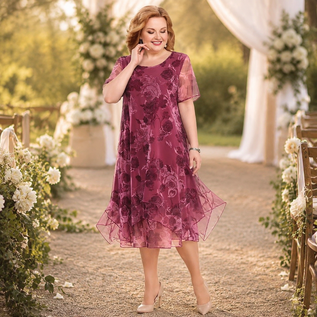 Floral Chiffon Midi Dress - Layered A-Line Dress for Women