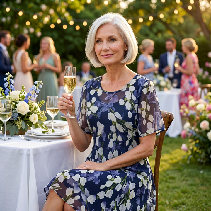 Navy Floral Midi Dress for Women – Chiffon Wedding Guest Dress