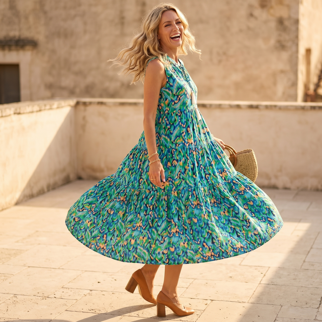 Vestido midi de capas - Vestido de verano sin mangas de algodón para mujer
