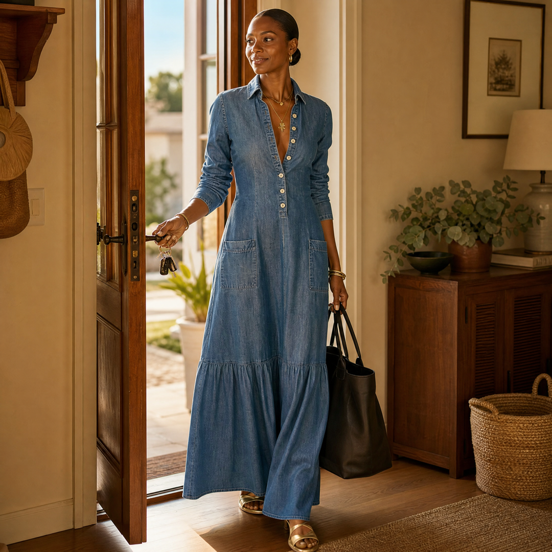 Denim Maxi Dress with Tiered Ruffle Hem and Pockets