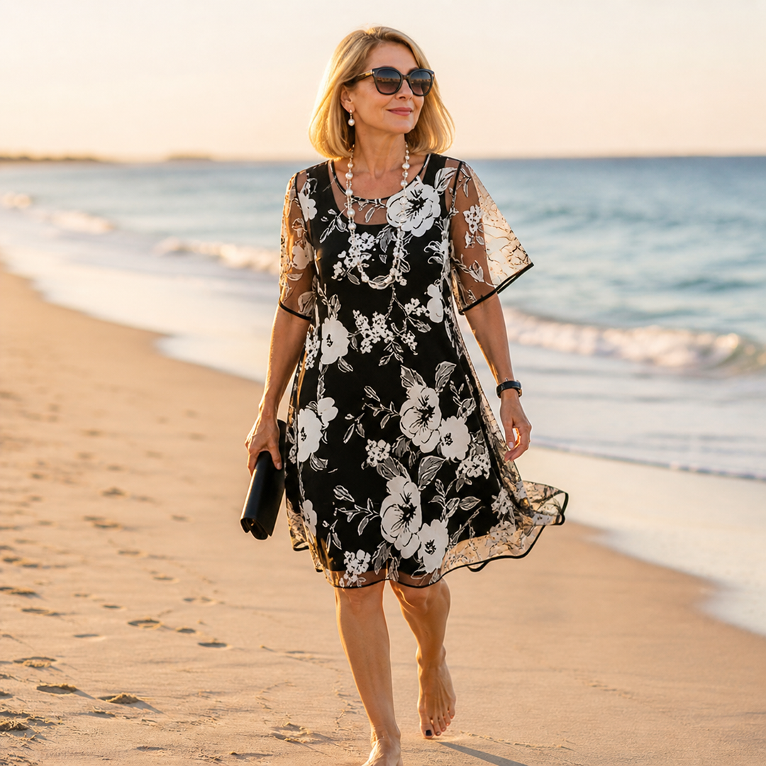 Floral Chiffon Dress with Sheer Overlay and Flutter Sleeves