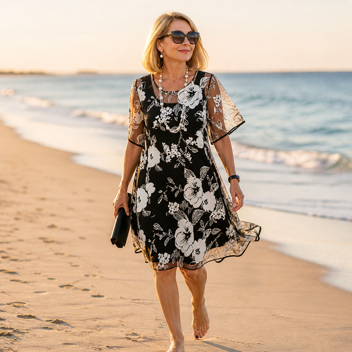 Floral Chiffon Dress with Sheer Overlay and Flutter Sleeves