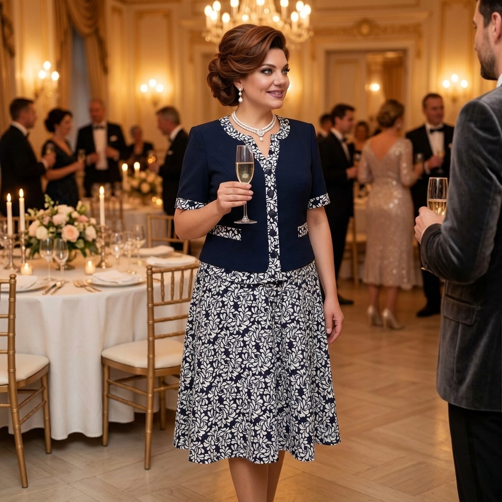 Navy Floral Dress with Built-In Jacket for Special Occasions