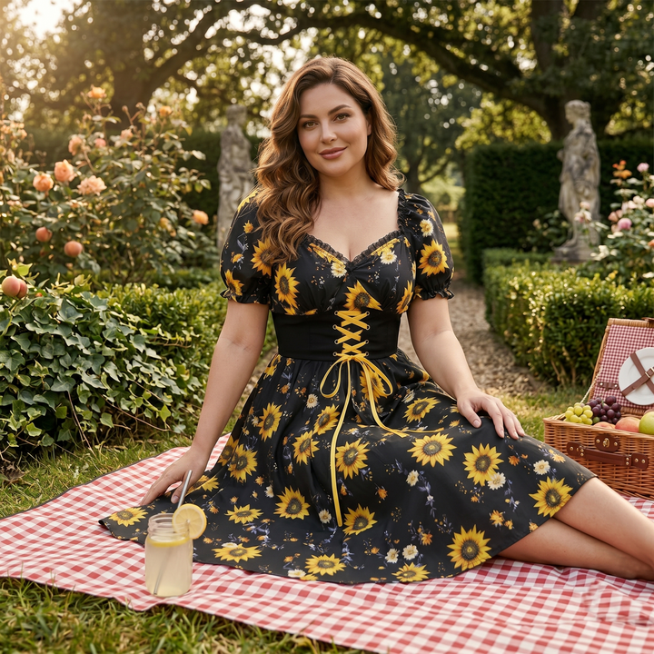 Sunflower Midi Dress | Corset Waist Puff Sleeve Wedding Guest