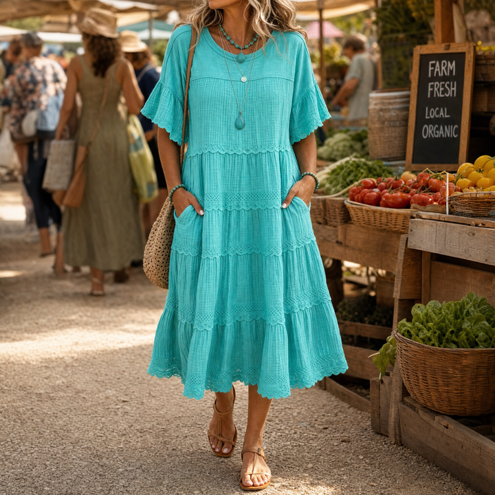 Tiered Lace Midi Dress with Pockets - Flutter Sleeve A-Line