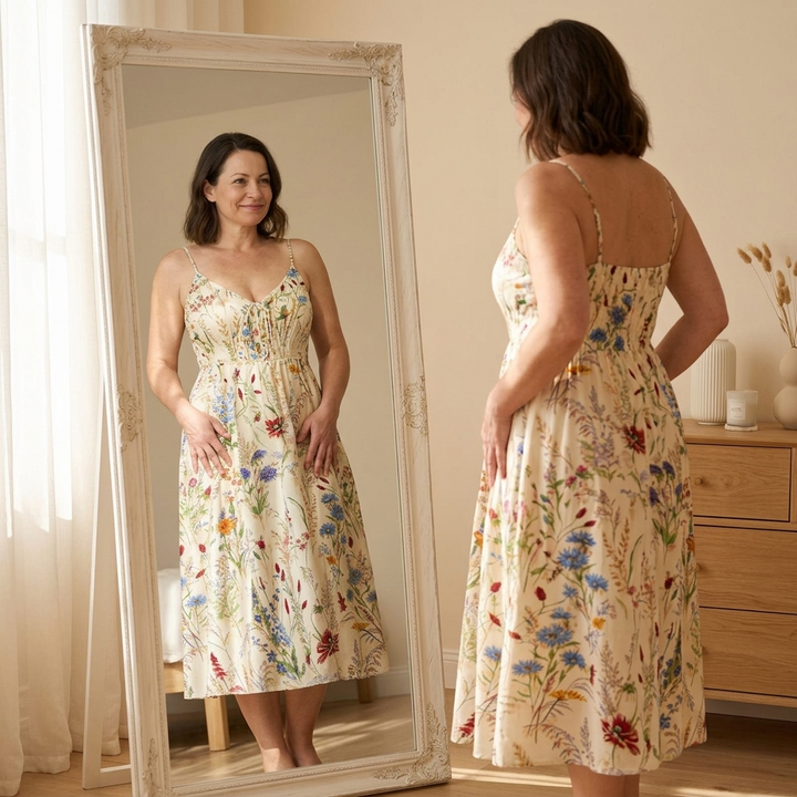 Vestido midi floral - Vestido de verano línea A con estampado de flores silvestres