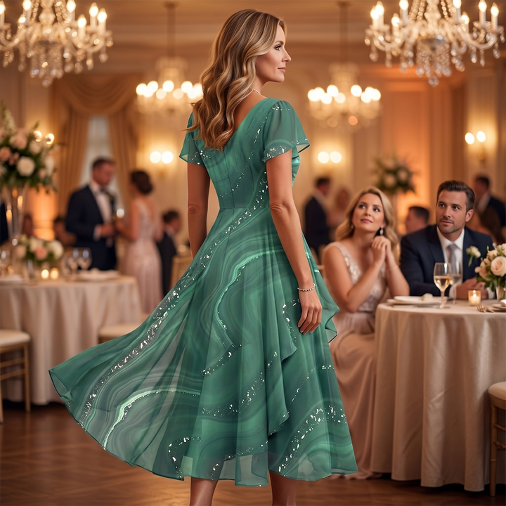 Chiffon Midi Dress - V-Neck Wedding Guest Dress