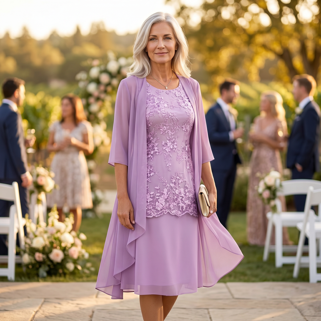 Vestido de Madre de la Novia con Chaqueta - Conjunto de Invitada de Boda en Encaje y Chifón