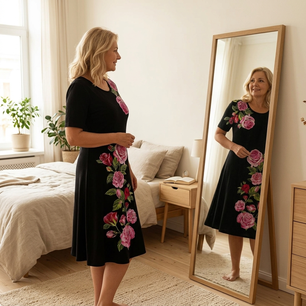 Rose Print A-Line Dress with Short Sleeves