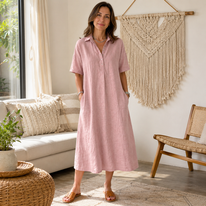 Linen Midi Dress with Collar - Relaxed Summer Dress for Women