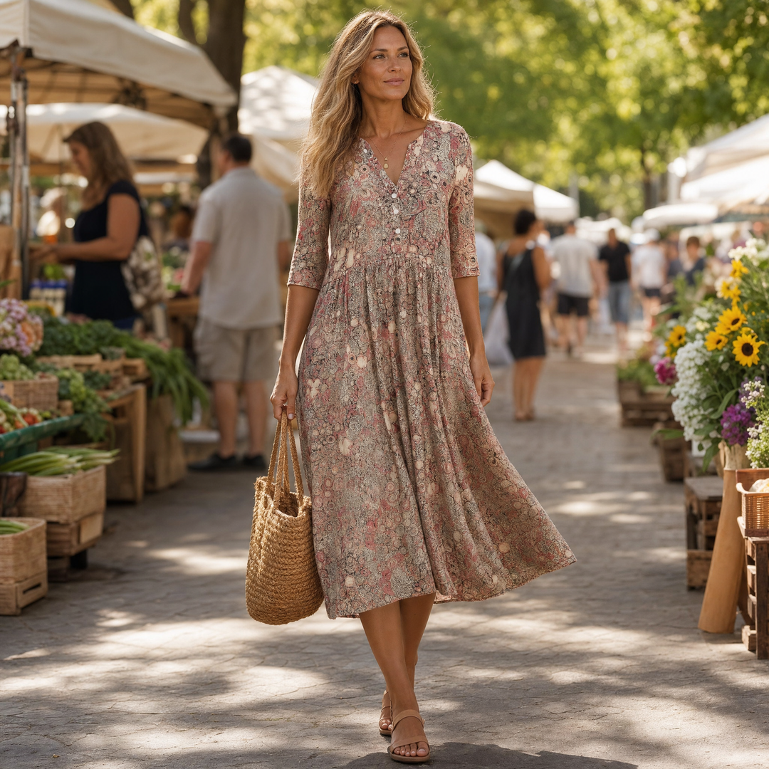 Floral Midi Dress with Pockets - V-Neck A-Line Silhouette