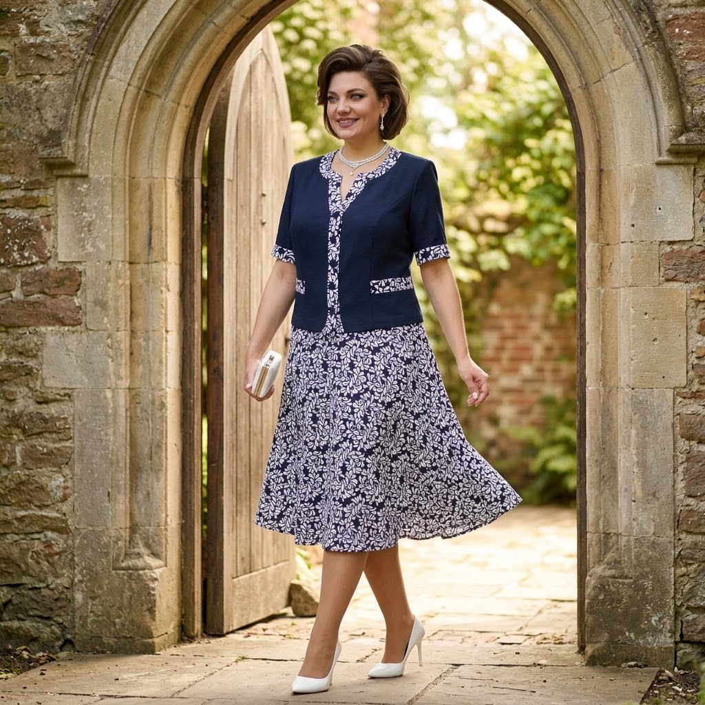 Navy Floral Dress with Built-In Jacket for Special Occasions