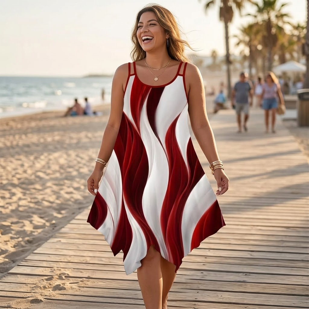 Asymmetric Midi Dress with Swirl Print for Summer Events