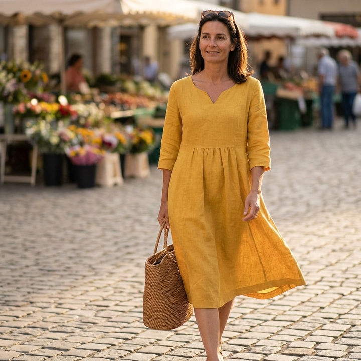 Solenne™ – Relaxed V-Neck Midi Dress with Pockets
