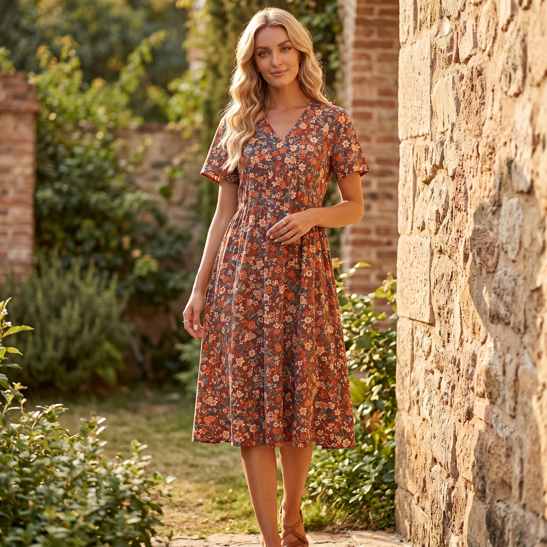 Floral A-Line Dress with Flutter Sleeves for Women