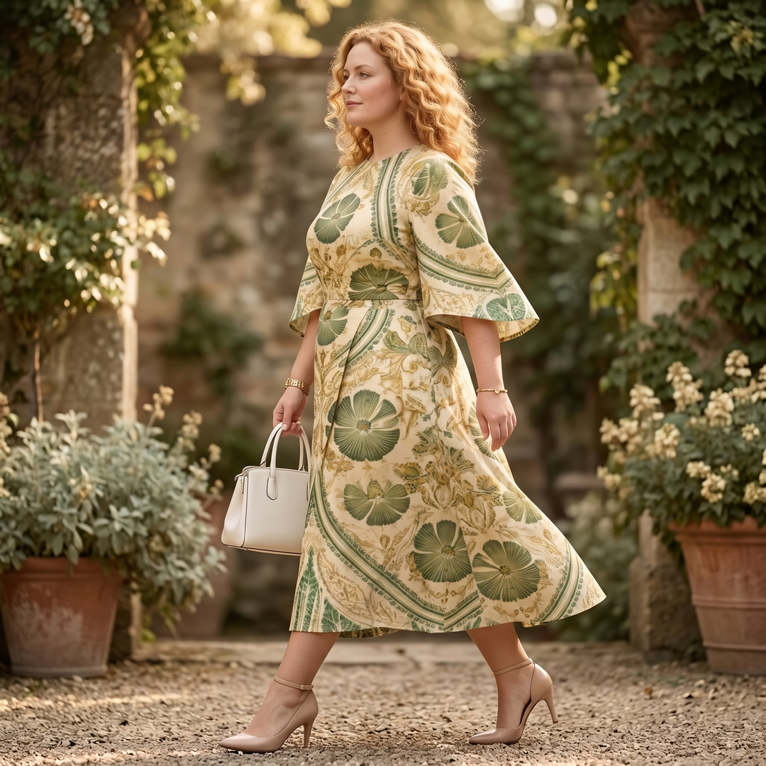 Midi Dress A-Line Vintage Tapestry Print Elegant Fit