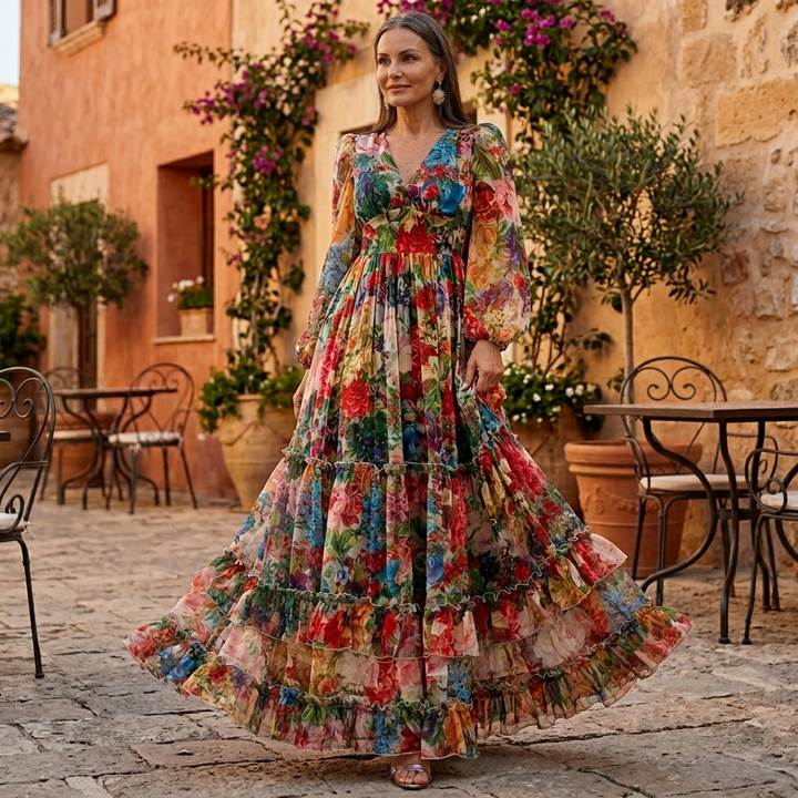 Tiered Floral Maxi Dress with Lantern Sleeves for Women