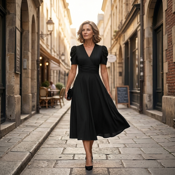 Puff Sleeve Midi Dress with Ruched Waist for Women