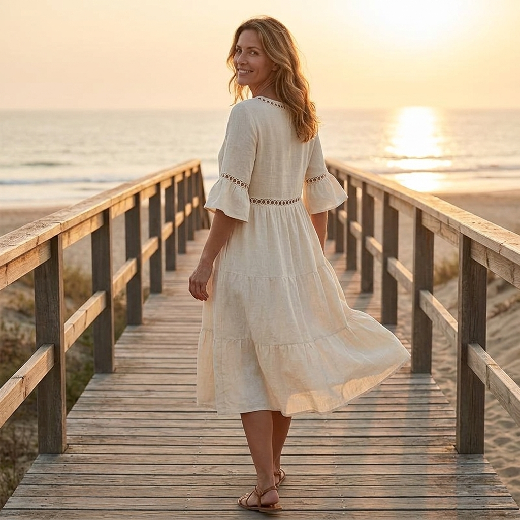 Midi Dress for Women Cotton Linen with Lace Detail