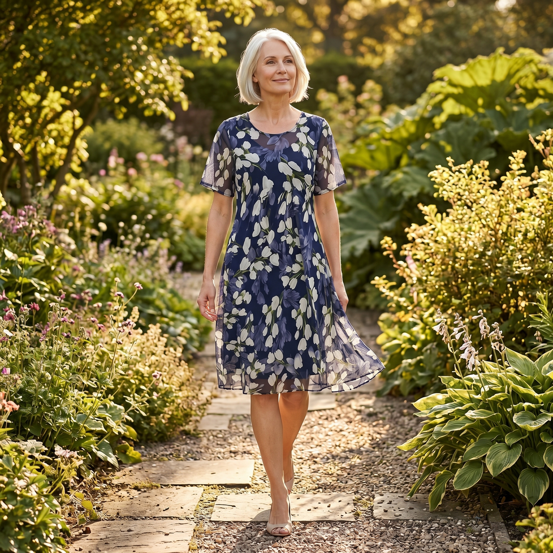 Navy Floral Midi Dress for Women – Chiffon Wedding Guest Dress