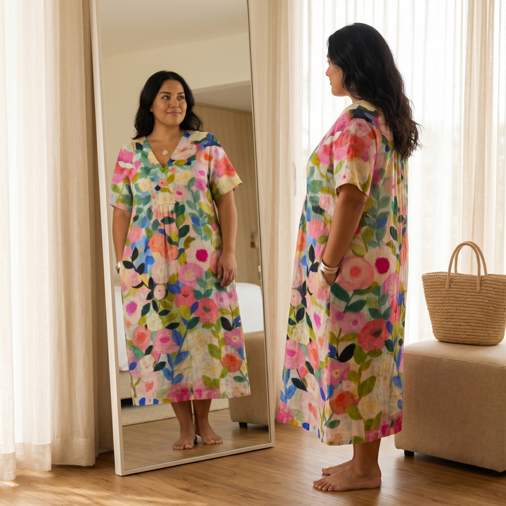 Vestido midi floral para mujer con escote en V, corte relajado, estilo verano
