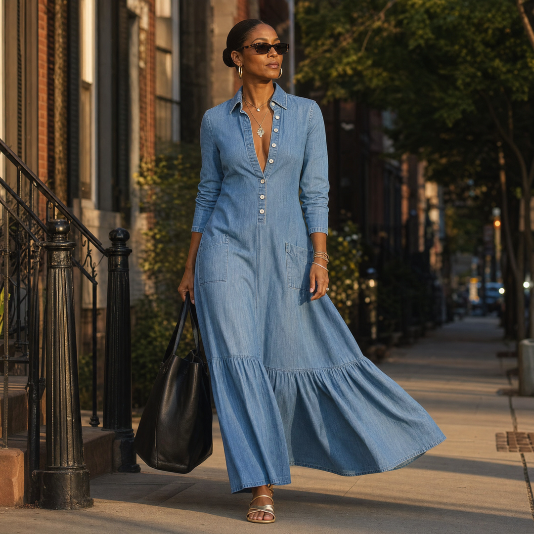 Denim Maxi Dress with Tiered Ruffle Hem and Pockets