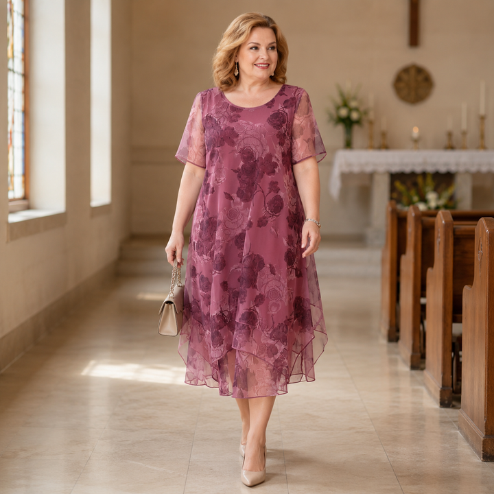 Floral Chiffon Midi Dress - Layered A-Line Dress for Women