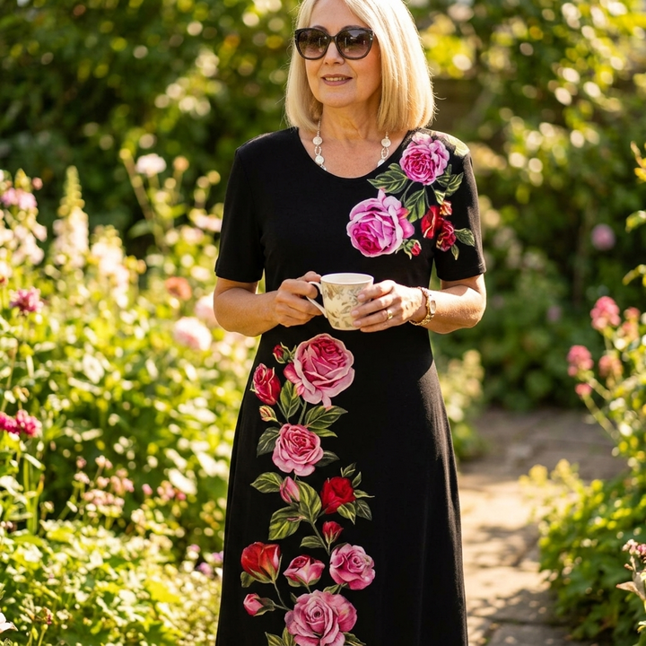 Rose Print A-Line Dress with Short Sleeves