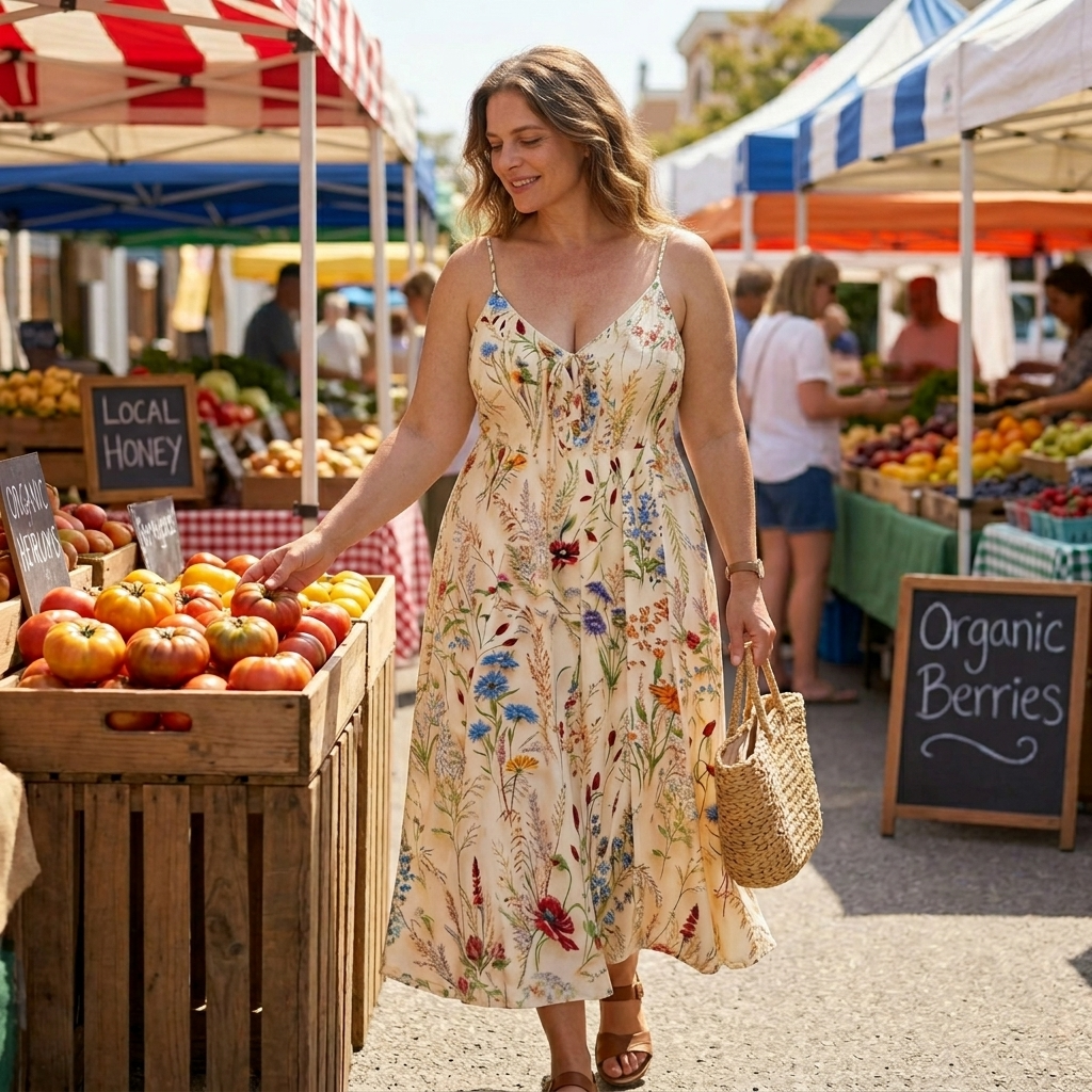 Vestido midi floral - Vestido de verano línea A con estampado de flores silvestres