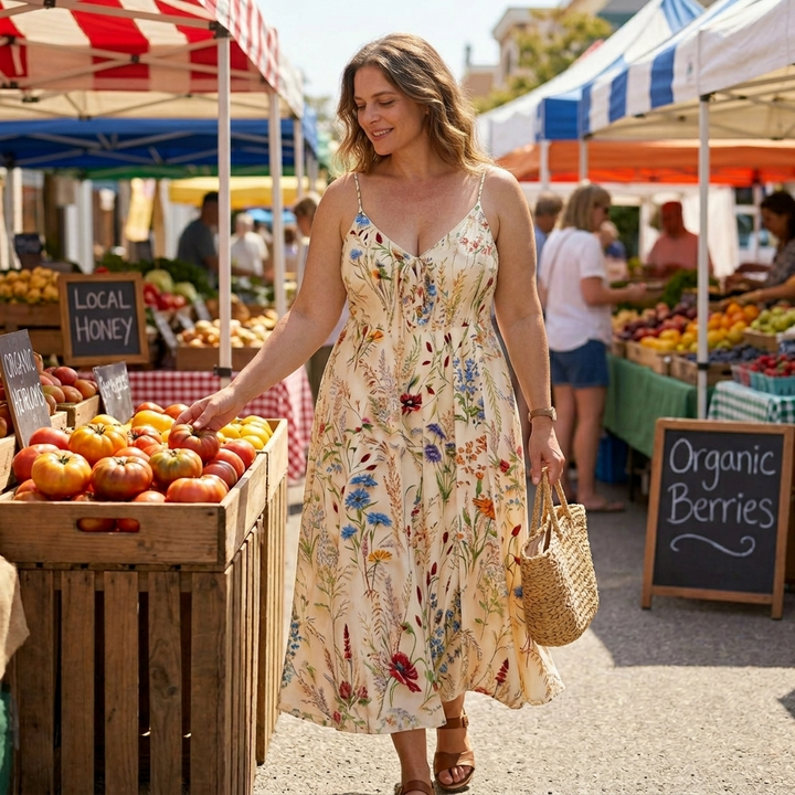 Vestido midi floral - Vestido de verano línea A con estampado de flores silvestres