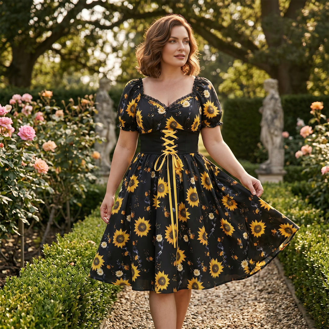 Sunflower Midi Dress | Corset Waist Puff Sleeve Wedding Guest