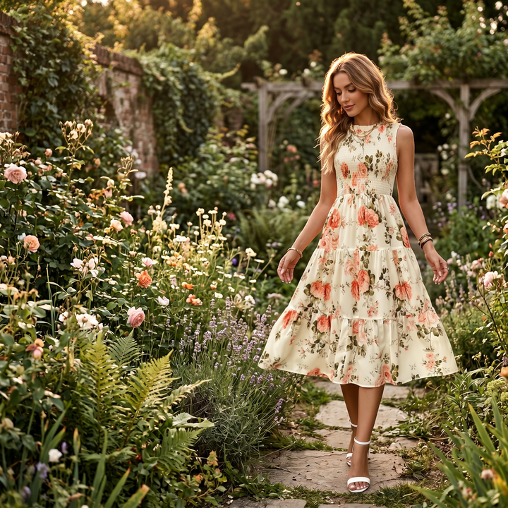 Vestido midi floral con cintura fruncida para mujer
